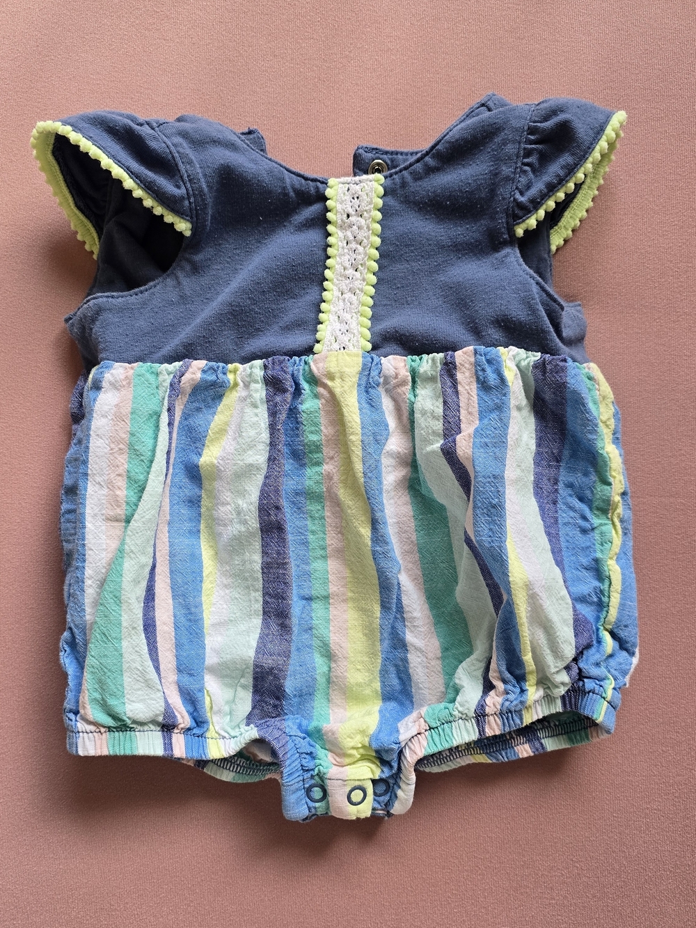 Baby Girls Navy and Multicolor Striped Cotton Romper